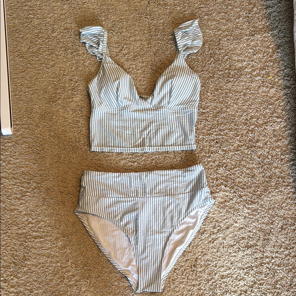 Blue and White Seersucker Swimsuit- Old Navy- M